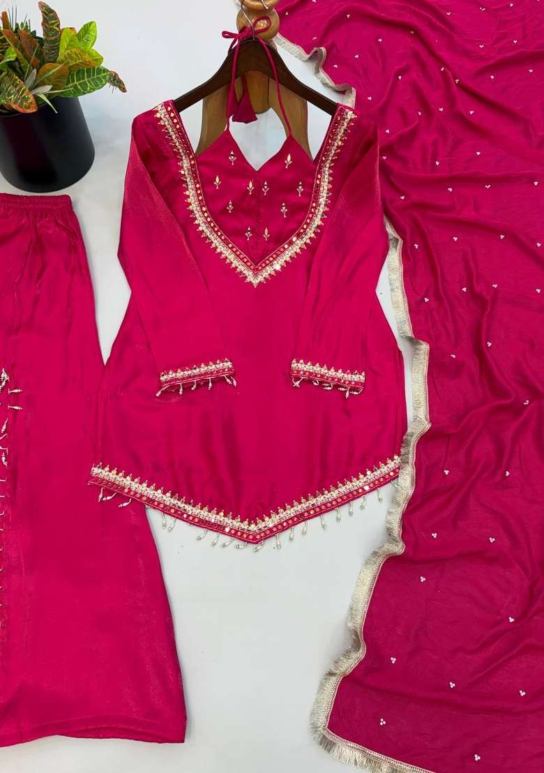 Rani Pink Embroidered Silk Kurta Set - Indya