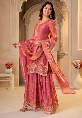 Peach Embroidered Silk Kurta Set
