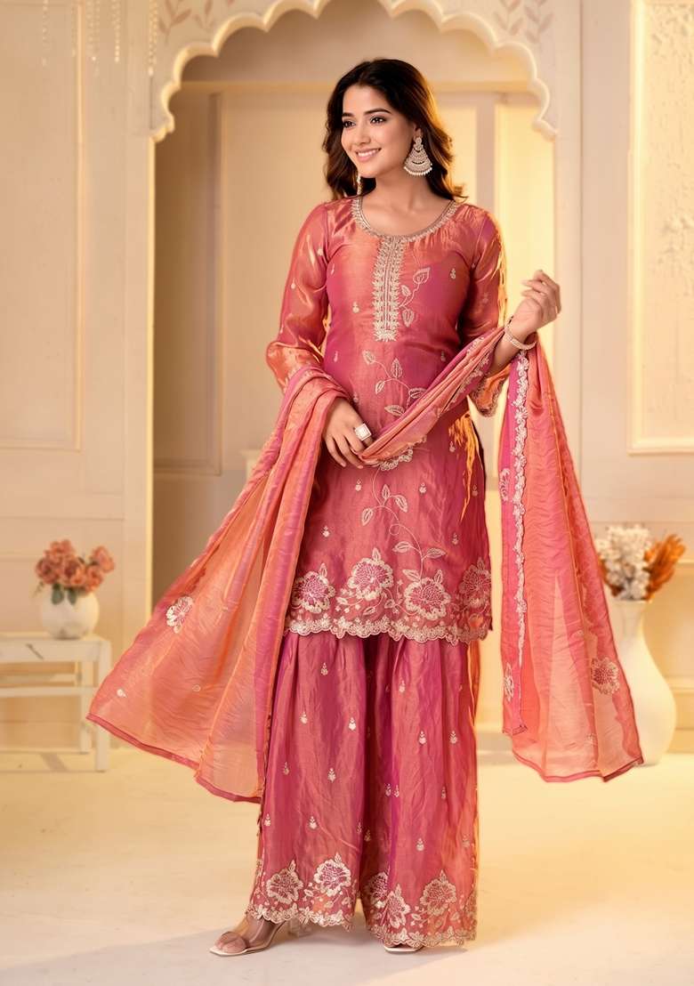 Peach Embroidered Silk Kurta Set - Indya