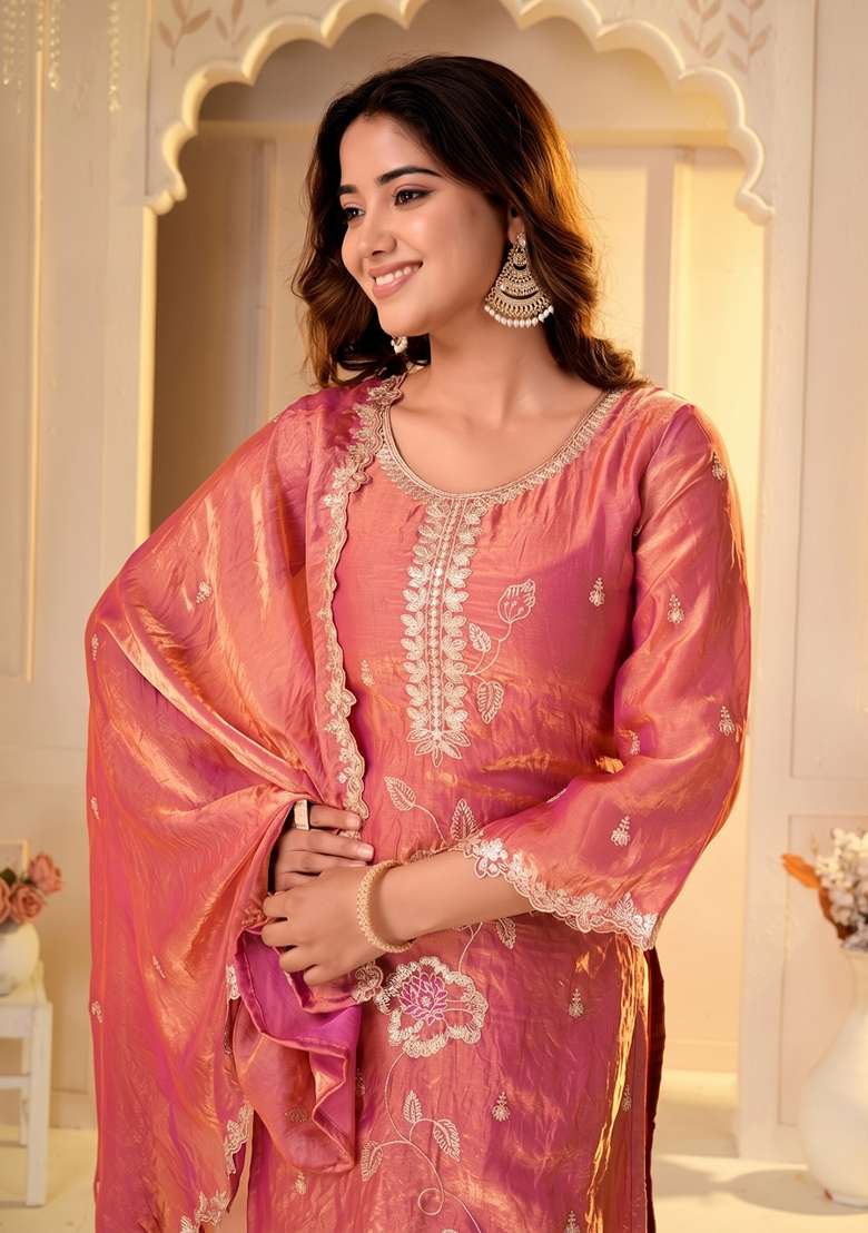 Peach Embroidered Silk Kurta Set - Indya