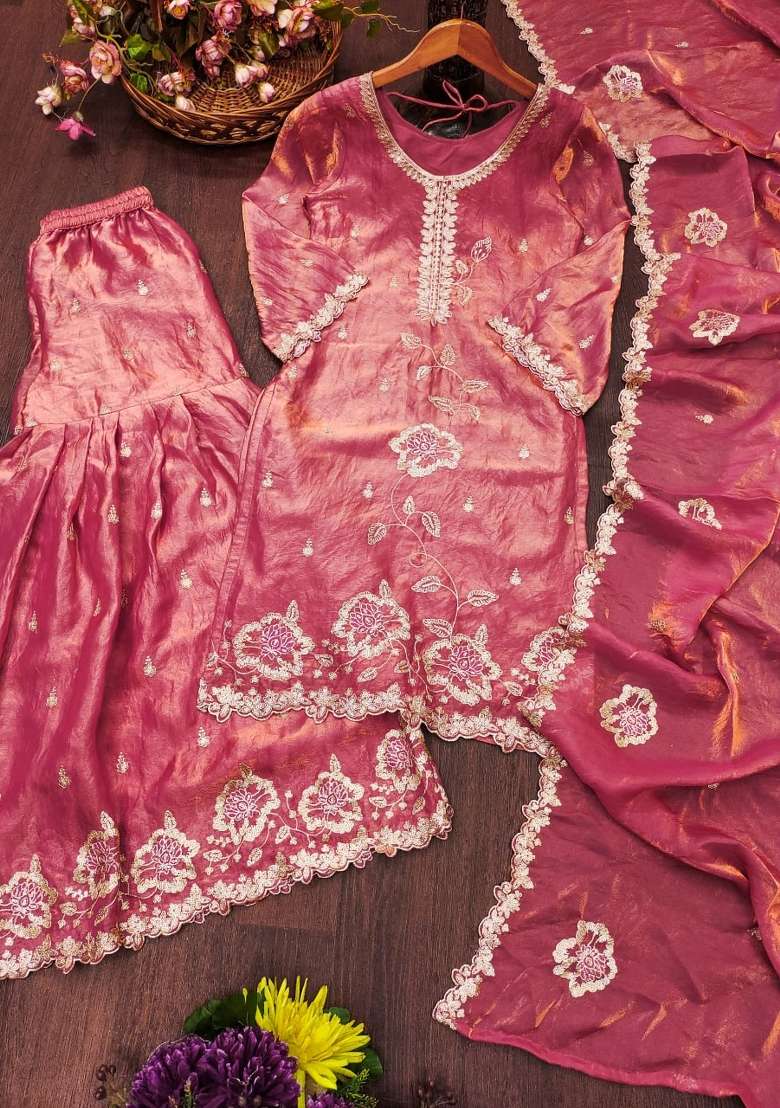 Peach Embroidered Silk Kurta Set - Indya
