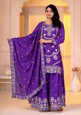 Dark Blue Embroidered Silk Kurta Set