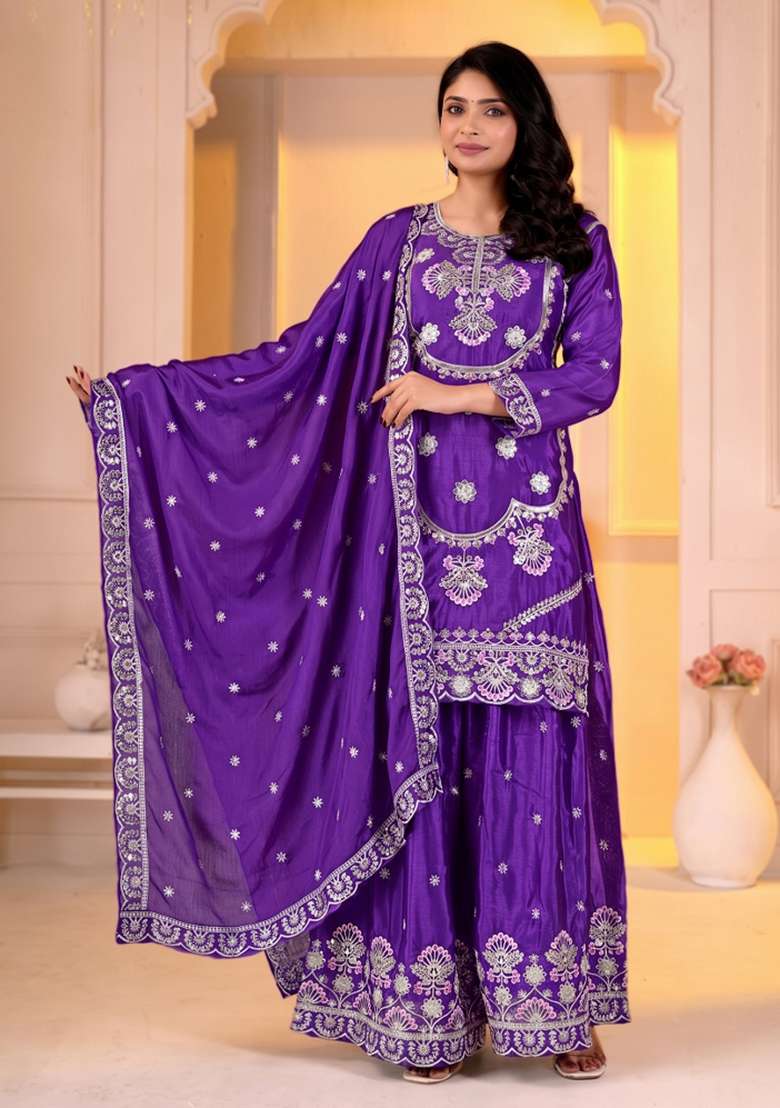 Dark Blue Embroidered Silk Kurta Set - Indya