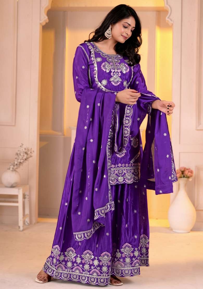 Dark Blue Embroidered Silk Kurta Set - Indya