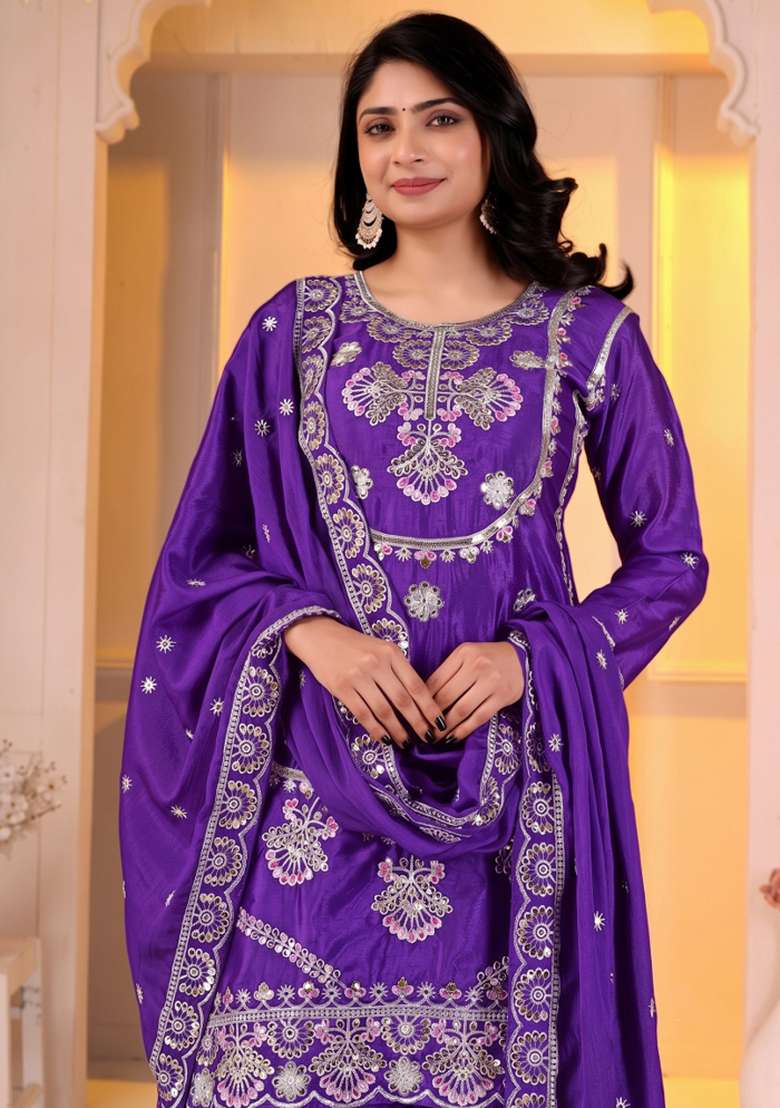 Dark Blue Embroidered Silk Kurta Set - Indya