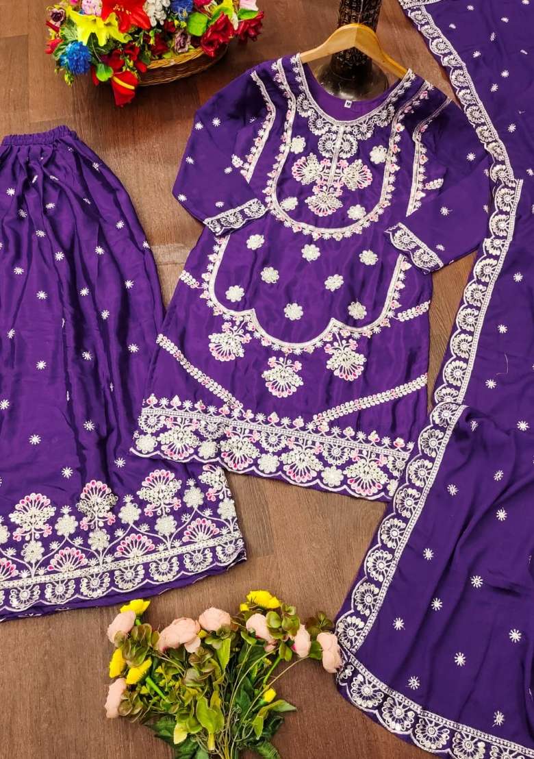 Dark Blue Embroidered Silk Kurta Set - Indya
