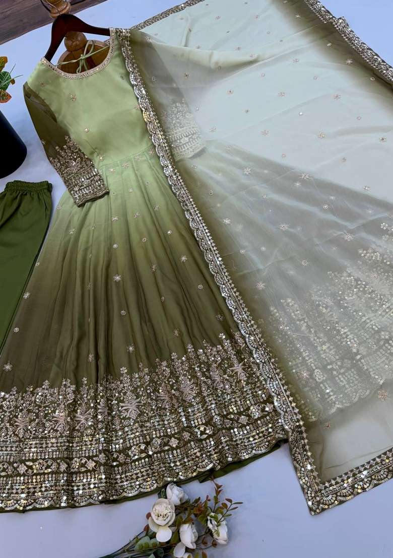 Green Embroidered Georgette Kurta Set - Indya