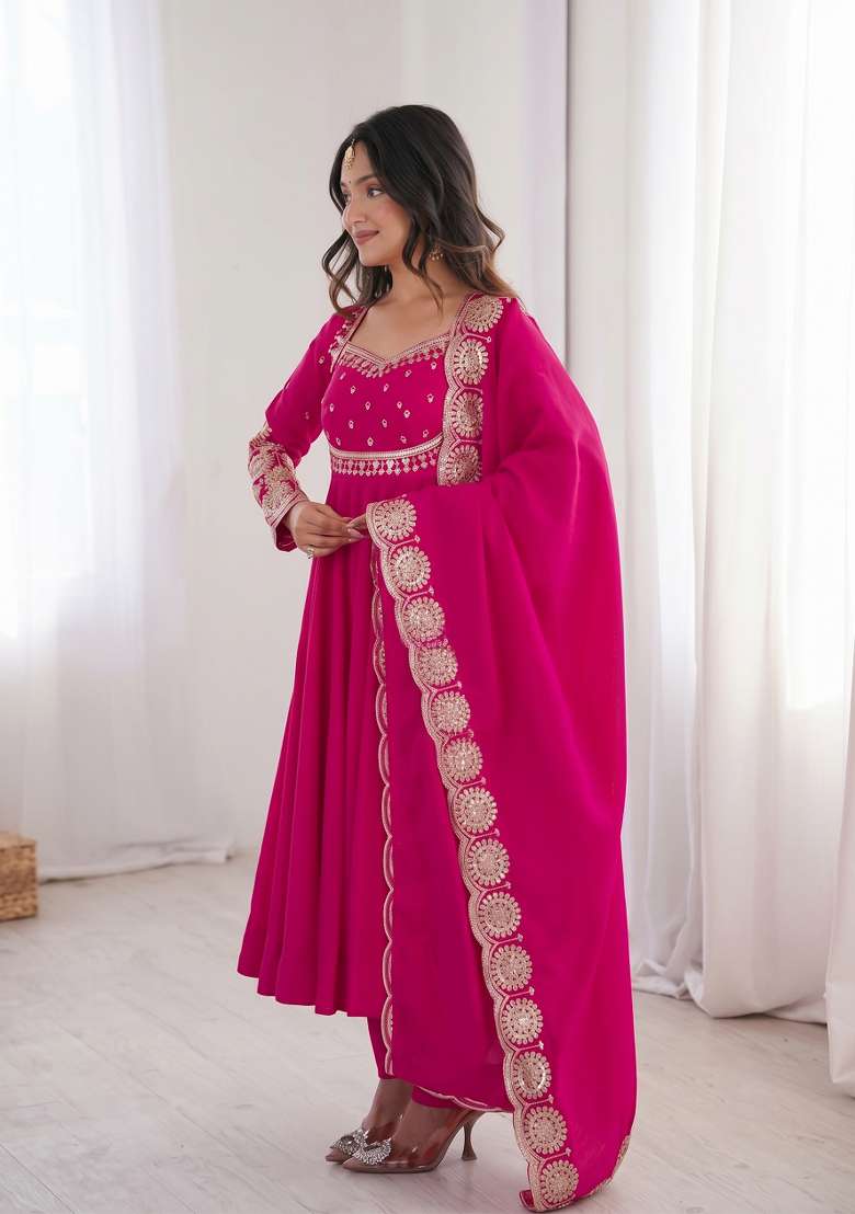 Rani Pink Embroidered Silk Kurta Set - Indya