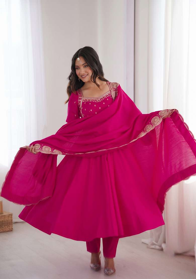 Rani Pink Embroidered Silk Kurta Set - Indya