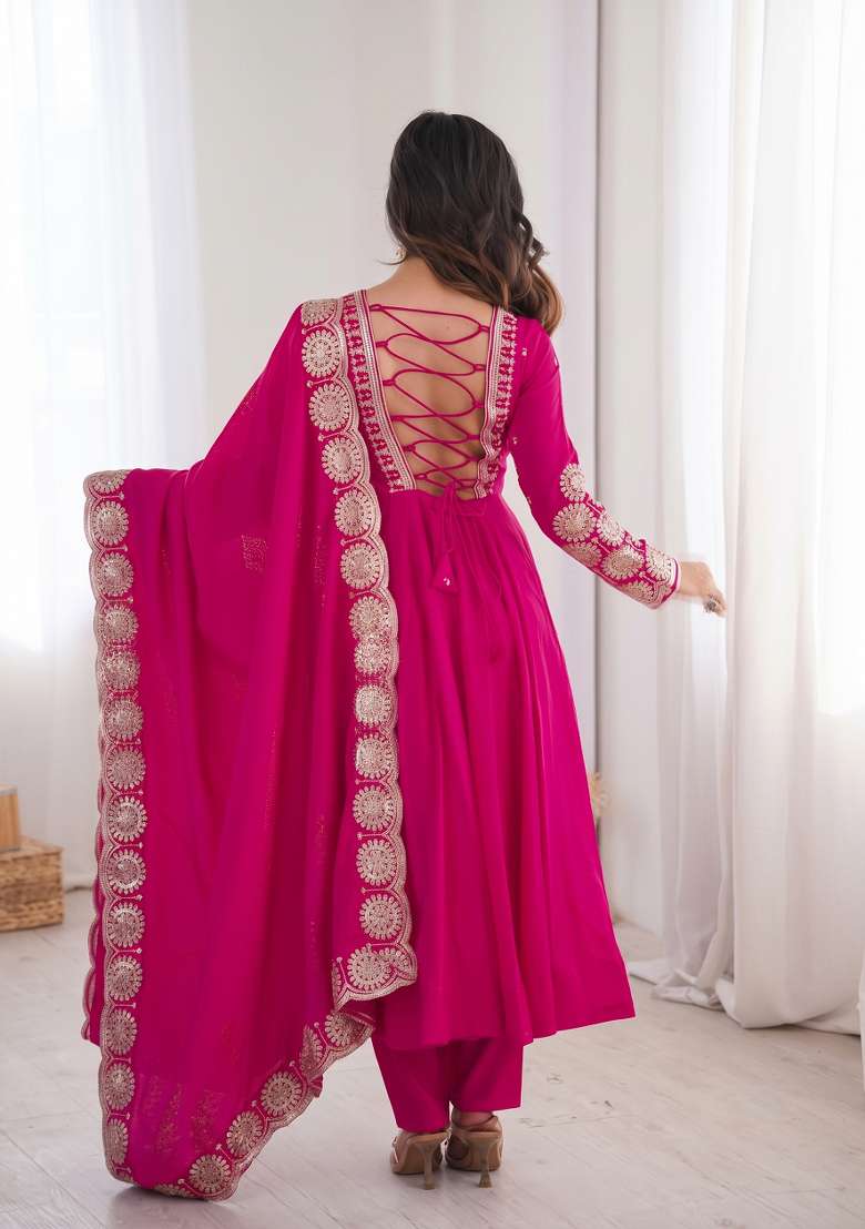 Rani Pink Embroidered Silk Kurta Set - Indya