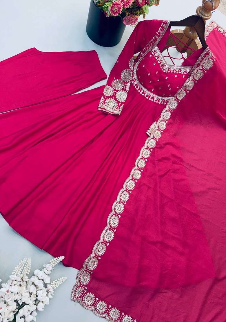 Rani Pink Embroidered Silk Kurta Set - Indya