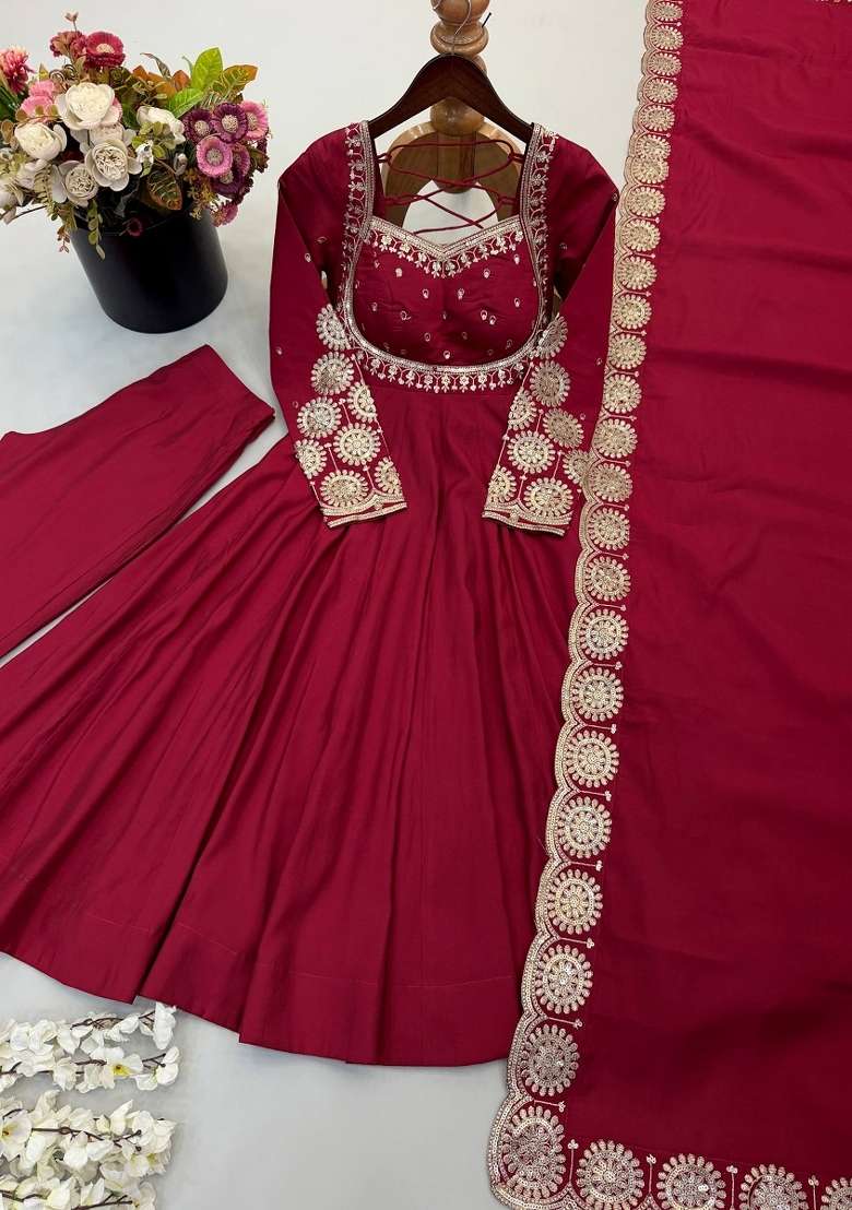 Red Embroidered Silk Kurta Set - Indya
