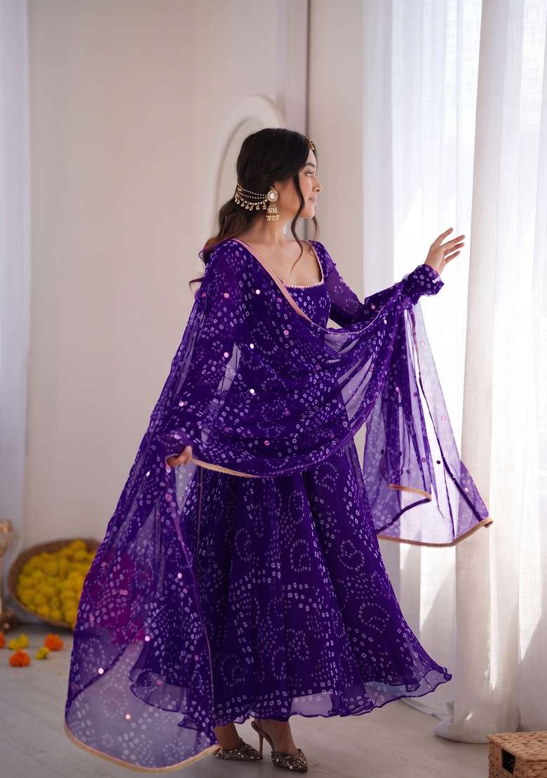 Dark Purple Printed Silk Kurta Set - Indya