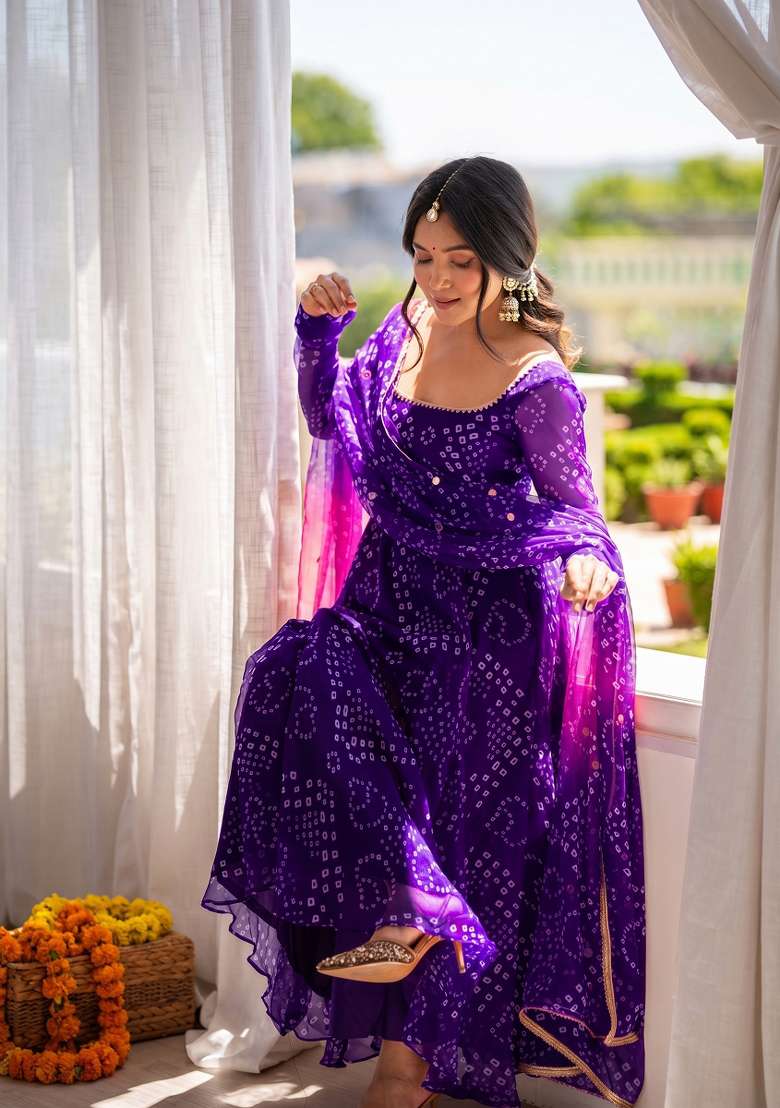 Dark Purple Printed Silk Kurta Set - Indya