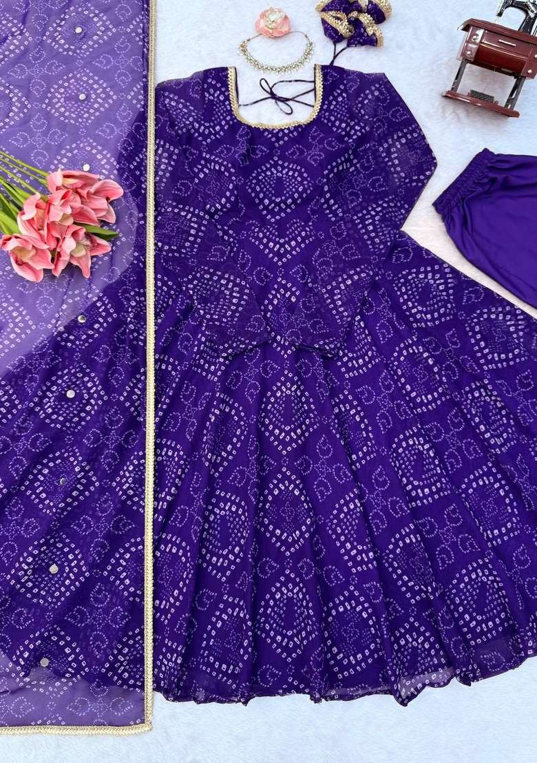 Dark Purple Printed Silk Kurta Set - Indya