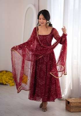Maroon Printed Silk Kurta Set
