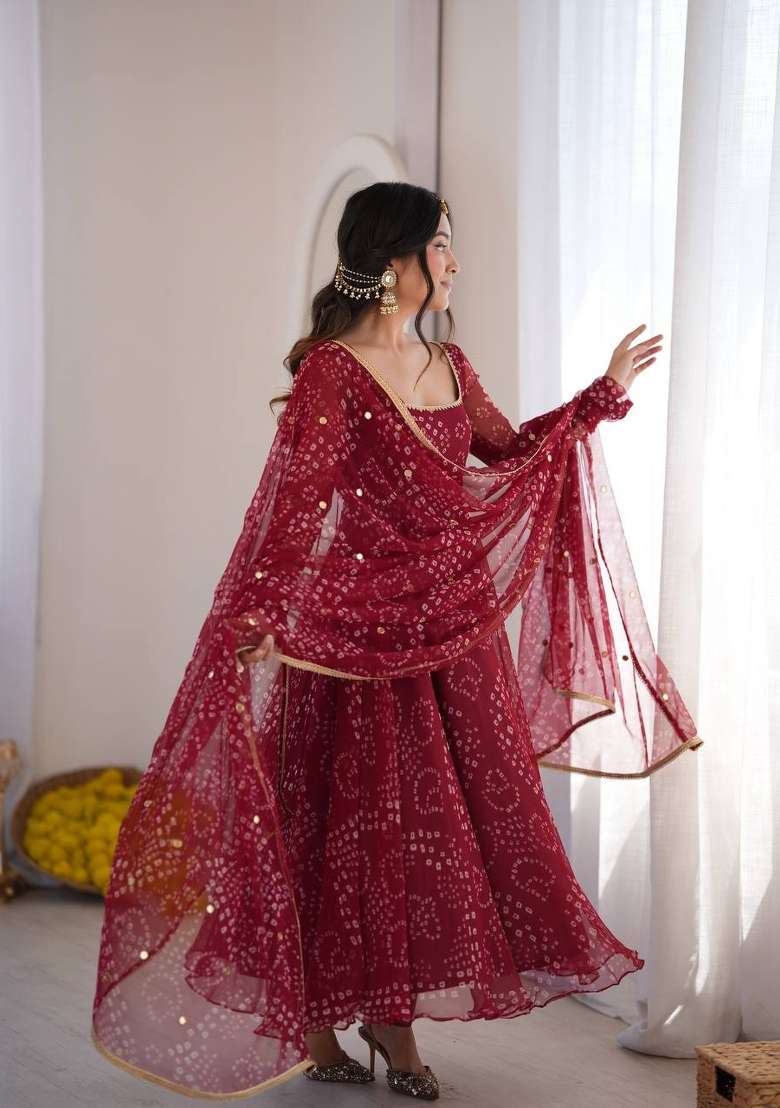 Maroon Printed Silk Kurta Set - Indya