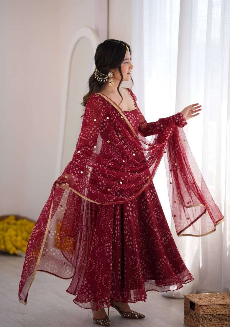 Maroon Printed Silk Kurta Set - Indya