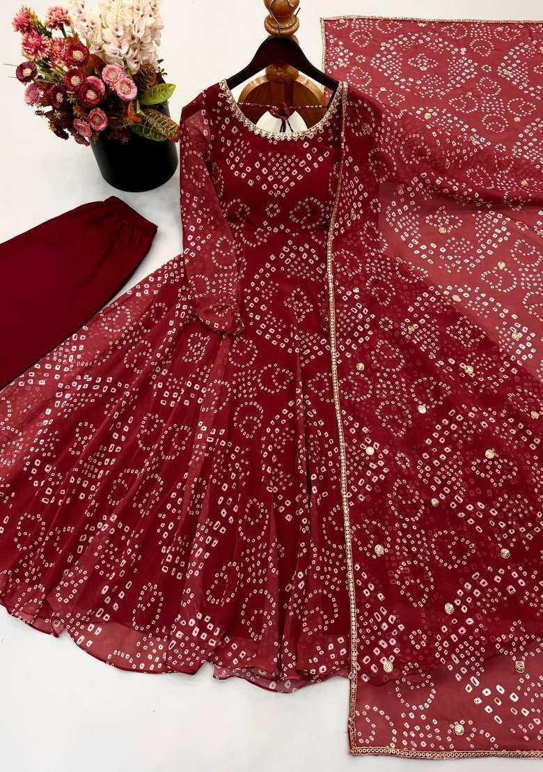 Maroon Printed Silk Kurta Set - Indya