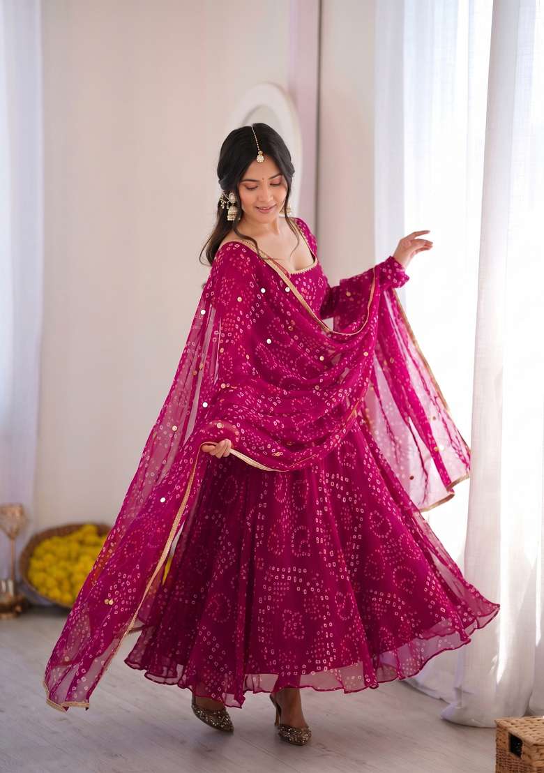 Rani Pink Printed Silk Kurta Set - Indya