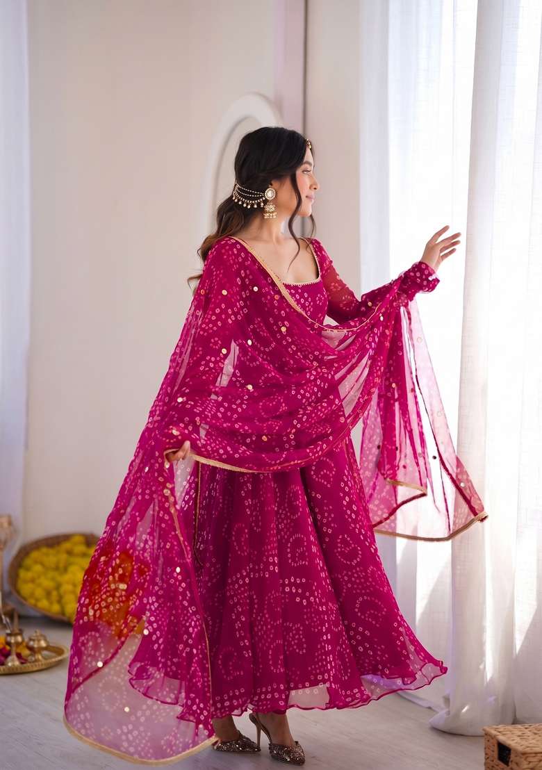 Rani Pink Printed Silk Kurta Set - Indya