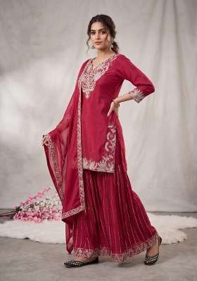 Red Embroidered Silk Kurta Set