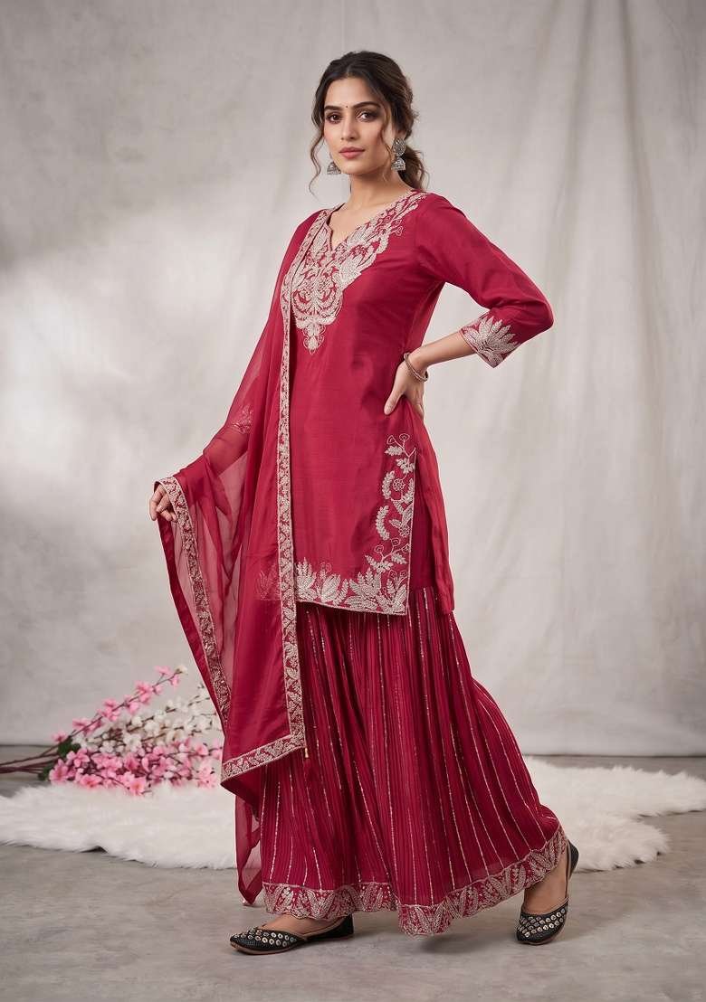 Red Embroidered Silk Kurta Set - Indya