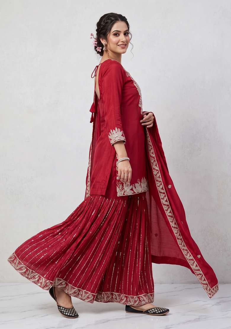 Red Embroidered Silk Kurta Set - Indya