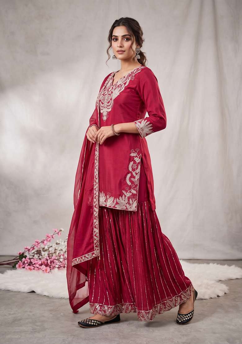 Red Embroidered Silk Kurta Set - Indya