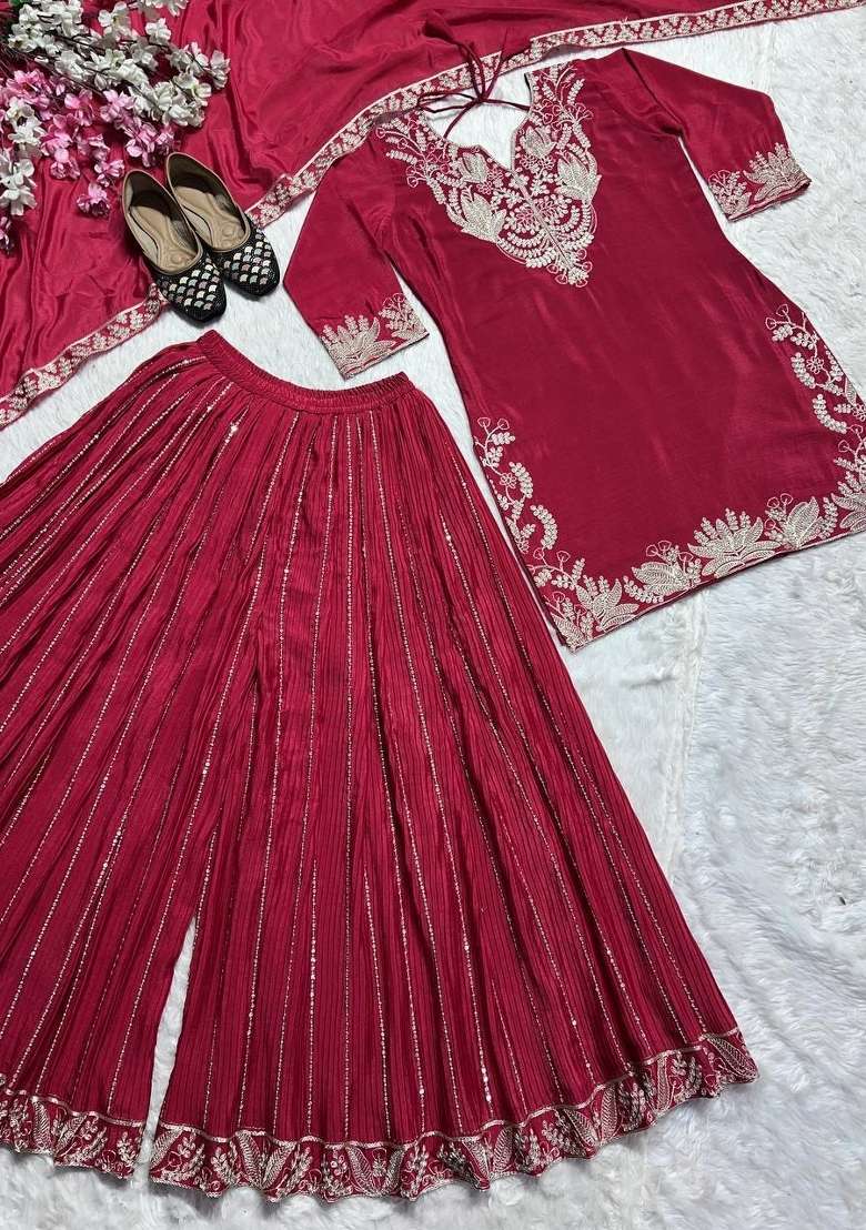 Red Embroidered Silk Kurta Set - Indya