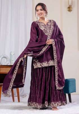 Wine Embroidered Silk Kurta Set