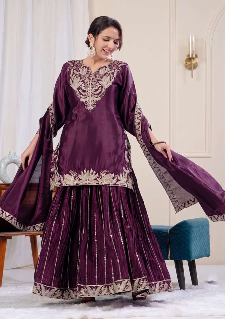Wine Embroidered Silk Kurta Set - Indya