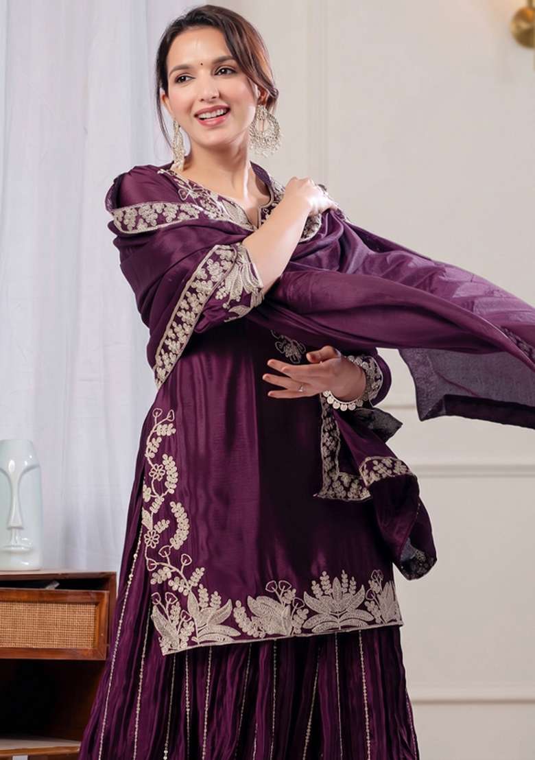 Wine Embroidered Silk Kurta Set - Indya