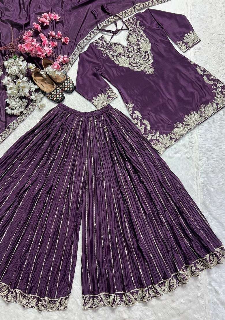 Wine Embroidered Silk Kurta Set - Indya