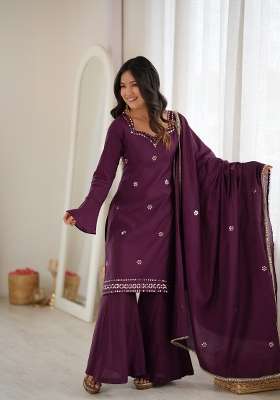 Wine Embroidered Silk Kurta Set