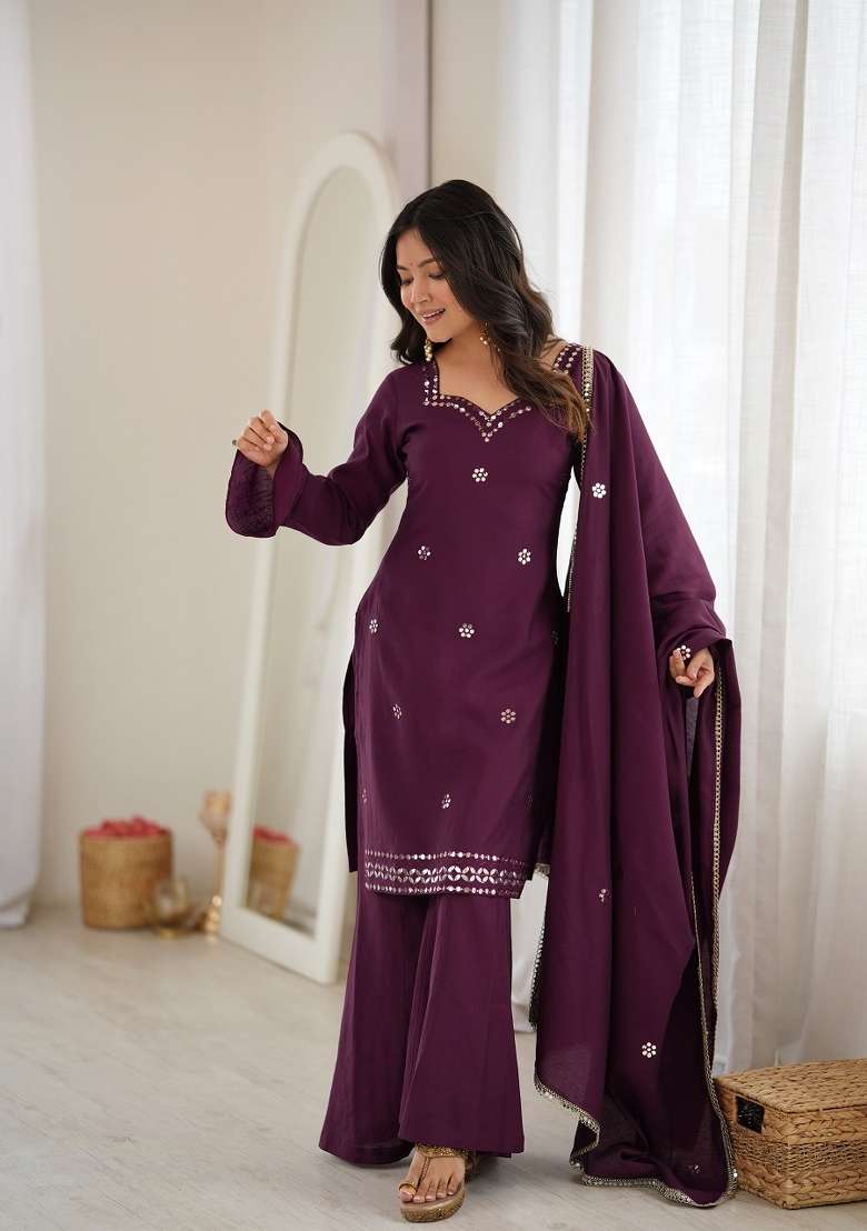 Wine Embroidered Silk Kurta Set - Indya