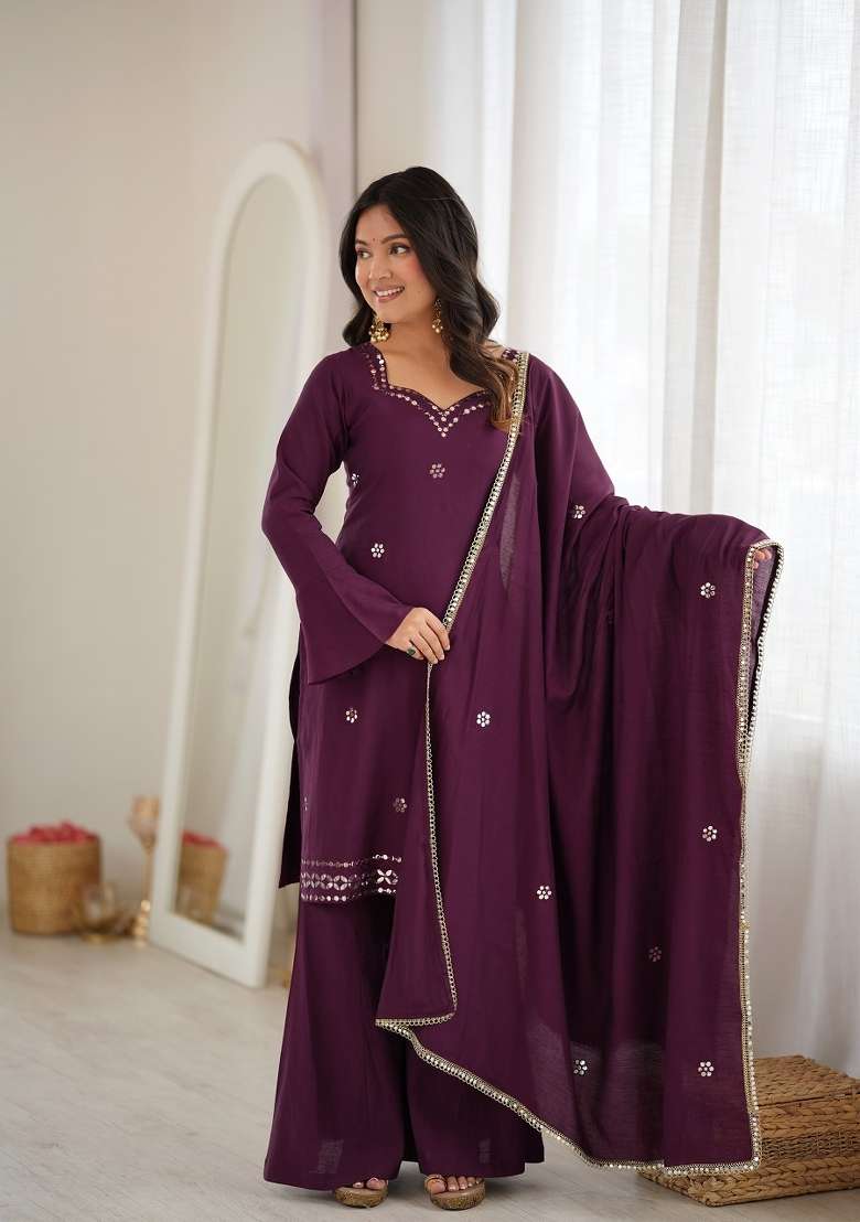 Wine Embroidered Silk Kurta Set - Indya