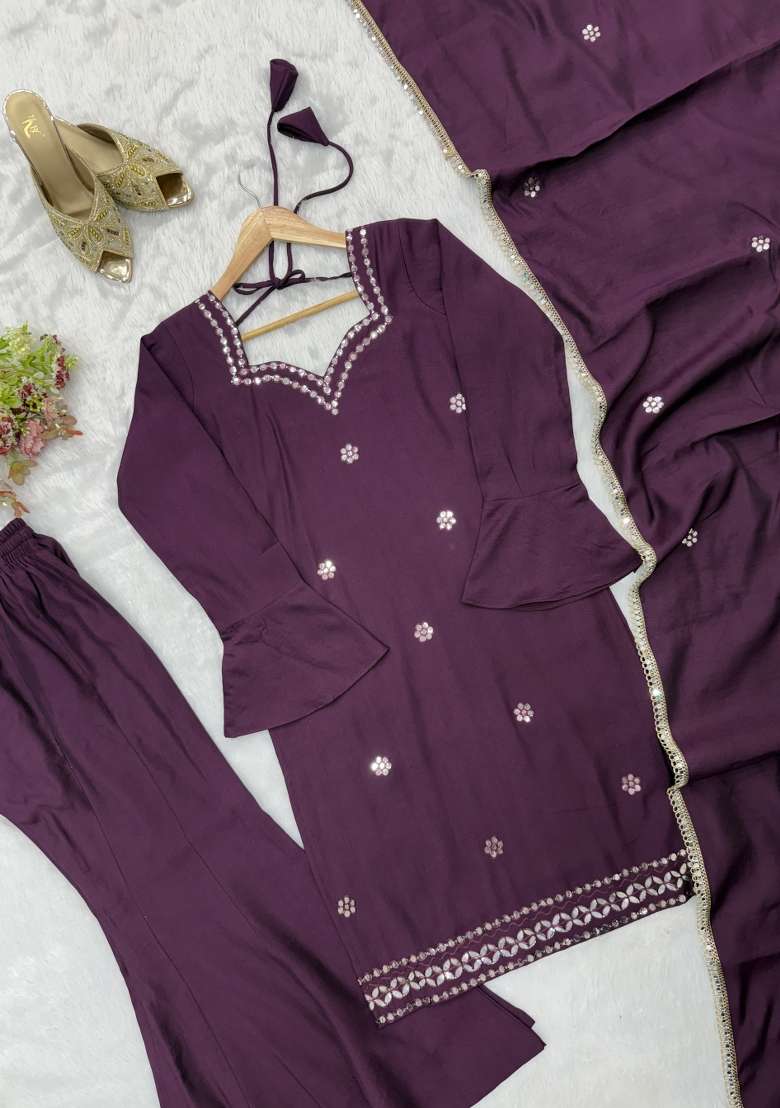Wine Embroidered Silk Kurta Set - Indya