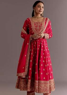Red Embroidered Silk Kurta Set