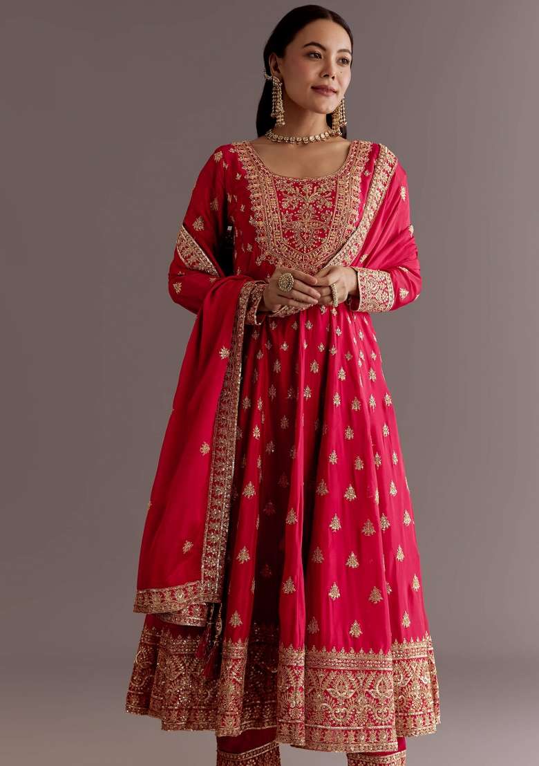 Red Embroidered Silk Kurta Set - Indya