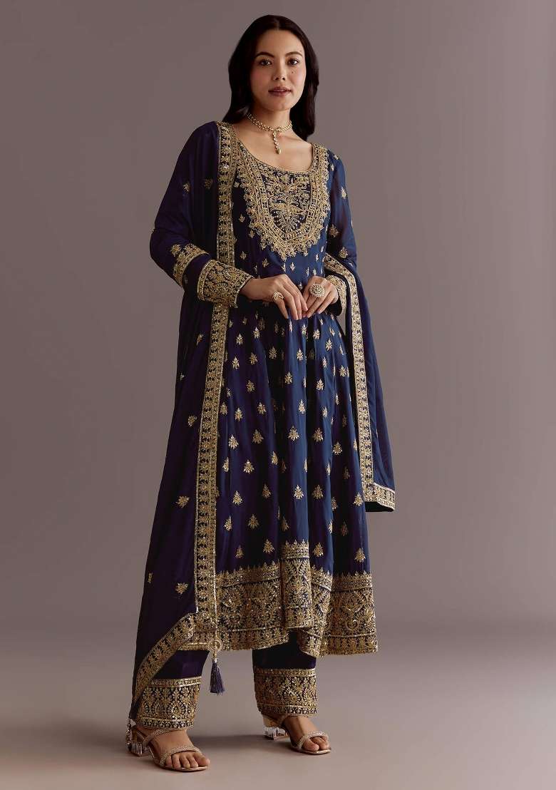 Blue Embroidered Silk Kurta Set - Indya
