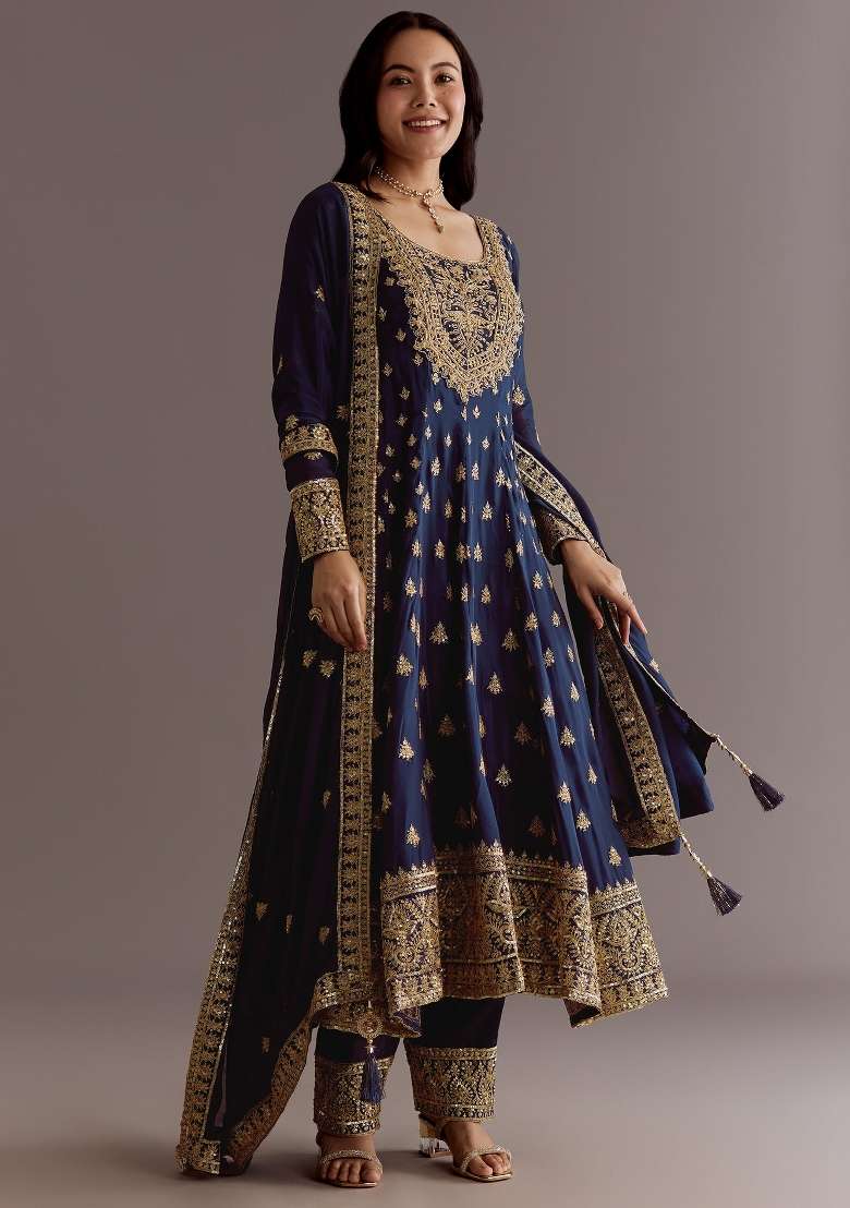 Blue Embroidered Silk Kurta Set - Indya