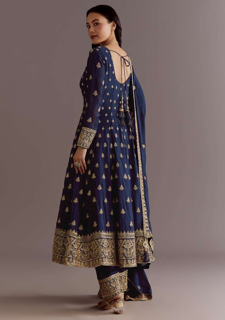 Blue Embroidered Silk Kurta Set - Indya