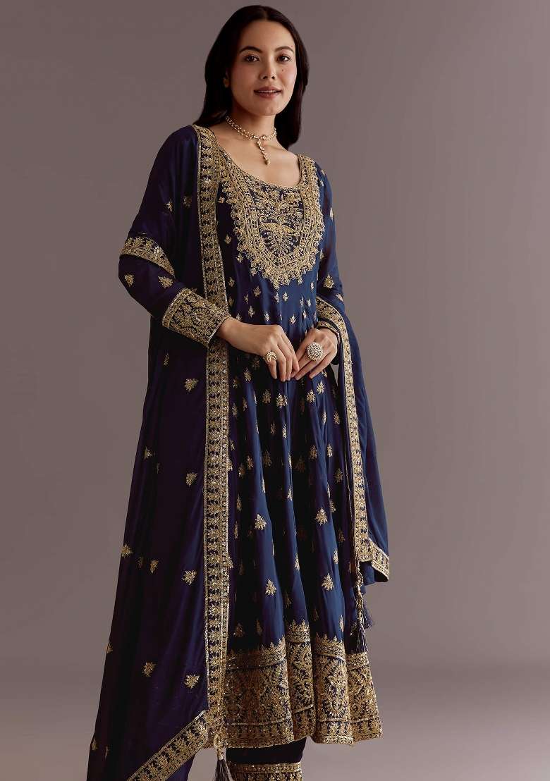 Blue Embroidered Silk Kurta Set - Indya