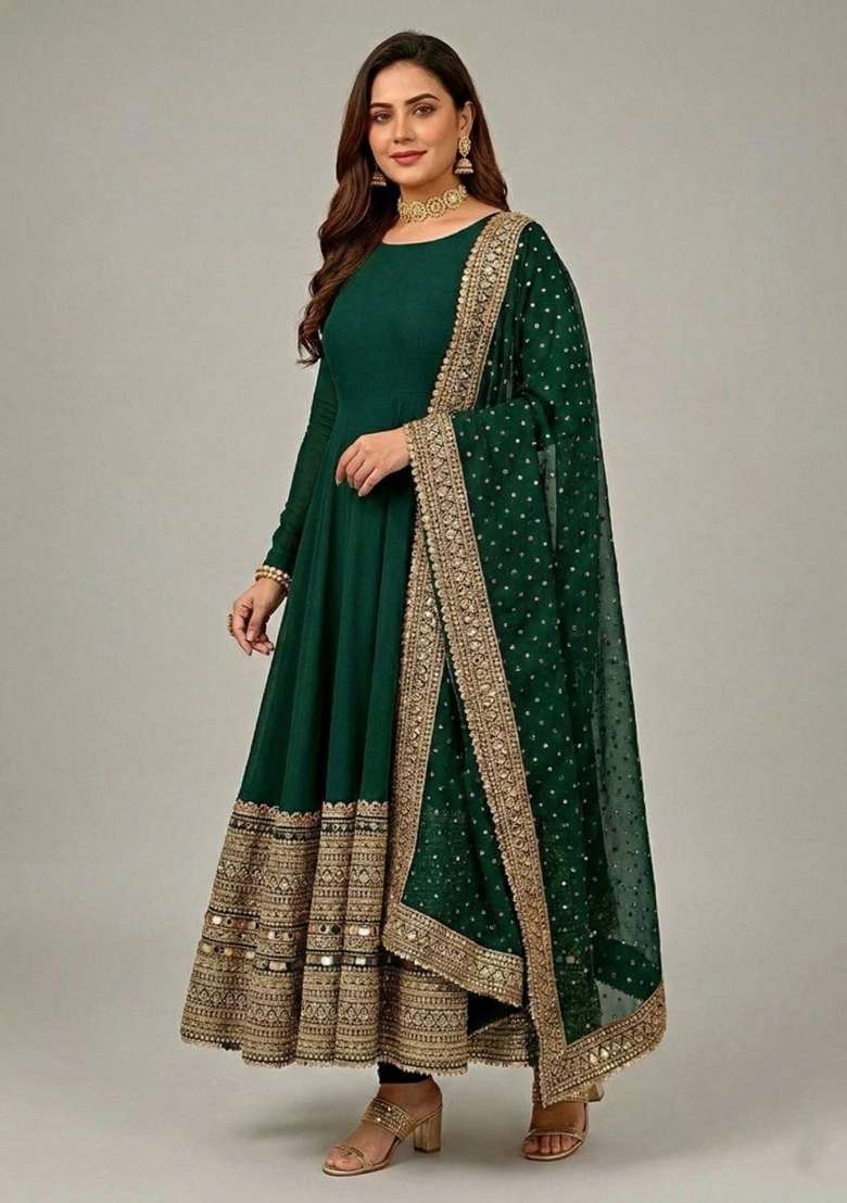 Green Embroidered Silk Kurta Set - Indya