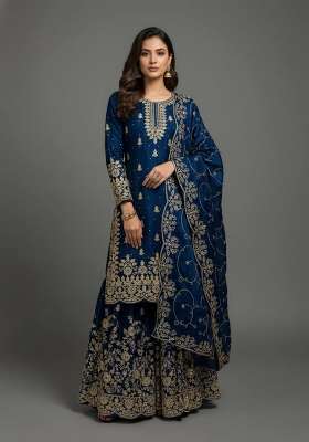 Blue Embroidered Silk Kurta Set