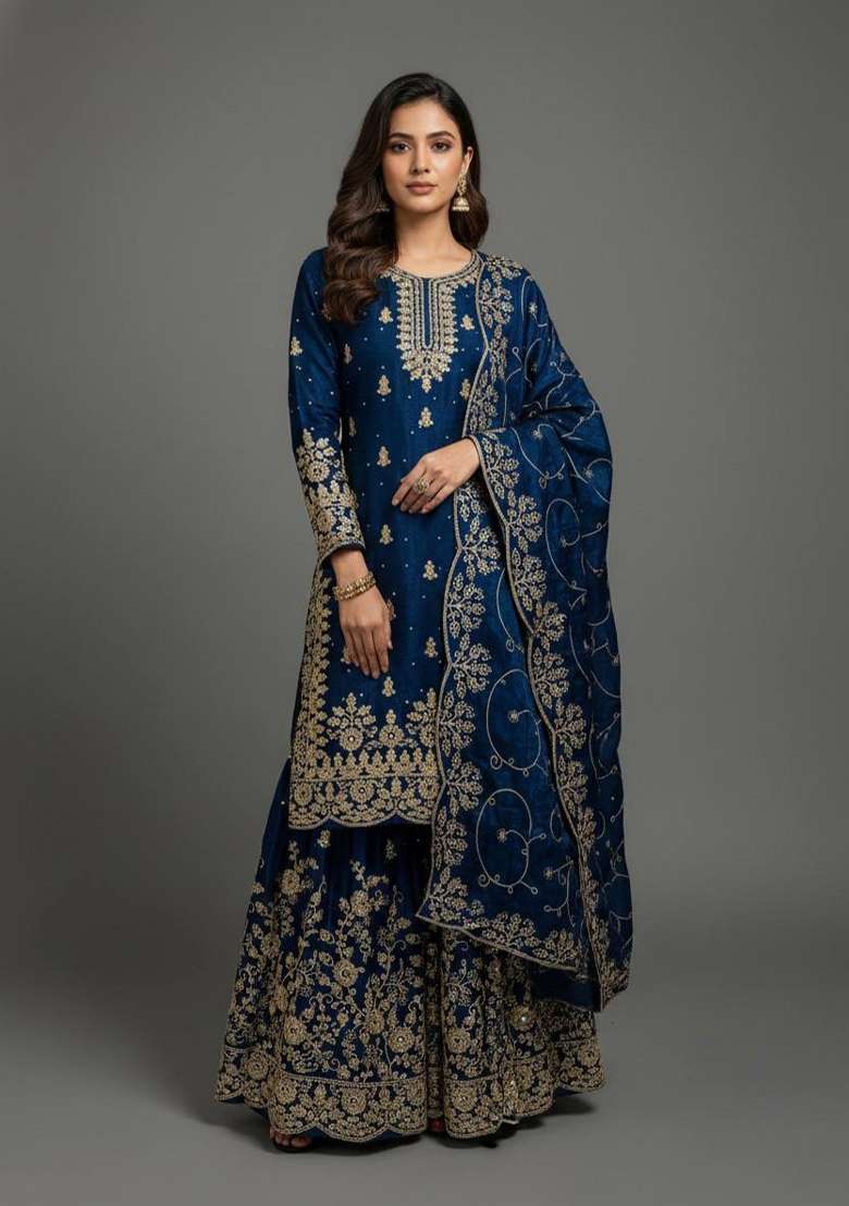 Blue Embroidered Silk Kurta Set - Indya