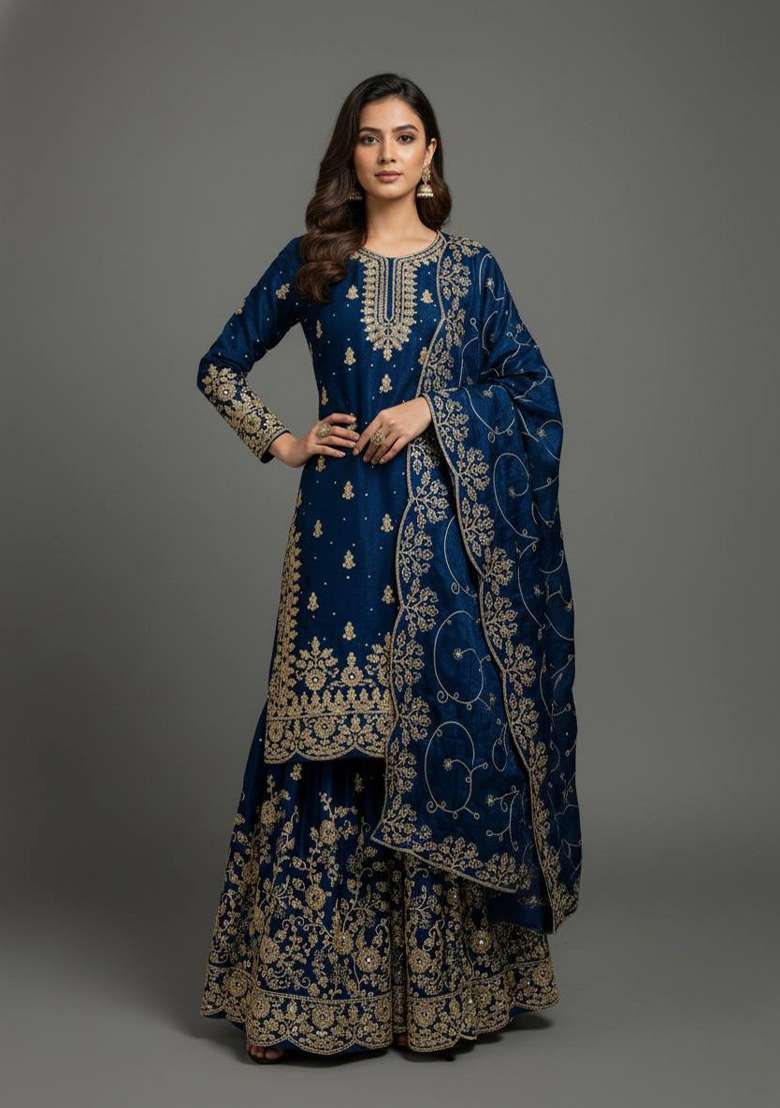 Blue Embroidered Silk Kurta Set - Indya