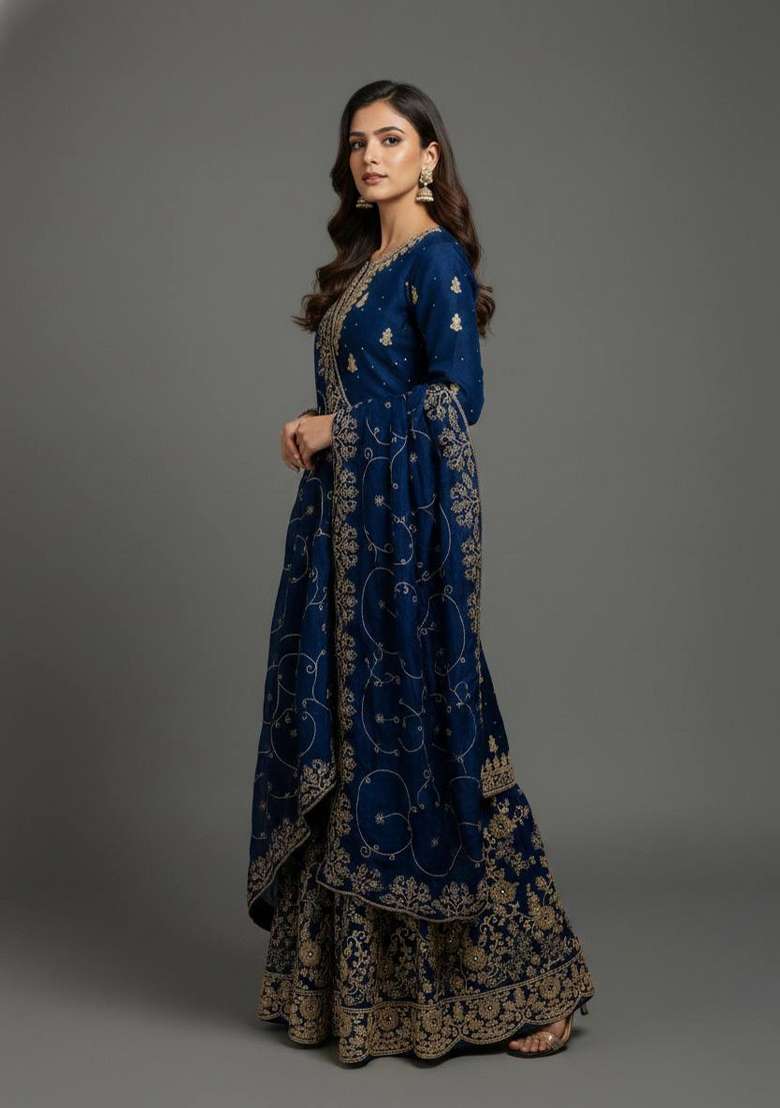 Blue Embroidered Silk Kurta Set - Indya