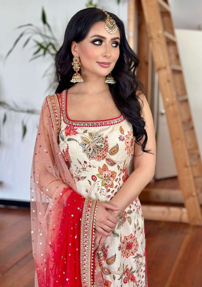Cream Embroidered Silk Kurta Set - Indya